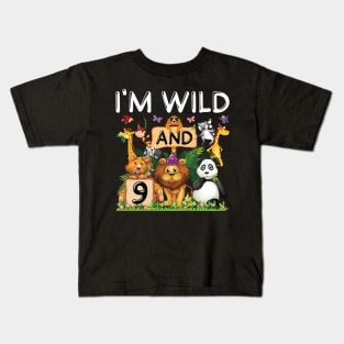 Kids Safari Zoo Animal Lover 9th Birthday Shirt I'm Wild And 9 Birthday Kids T-Shirt